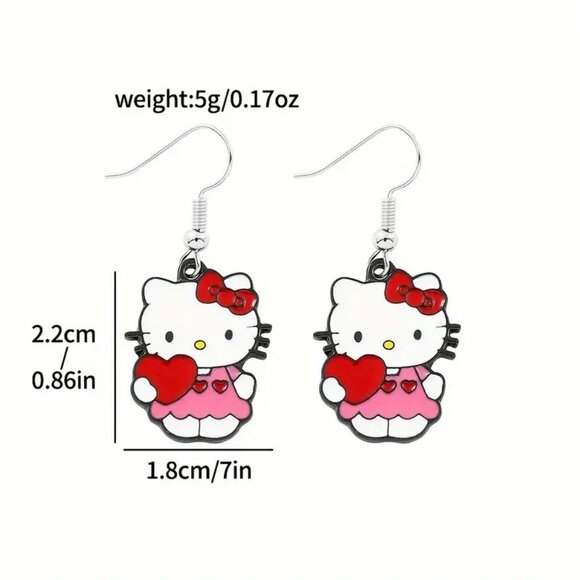 Sanrio Hello Kitty Earrings Enamel Love Heart Dangle Silver Tone Goth Emo Scene - Picture 2 of 2